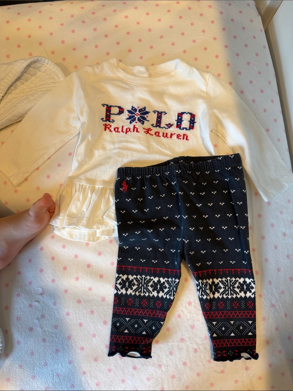 Polo by Ralph Lauren baby White Long-Sleeve Top with Navy Fair Isle Leggings Set